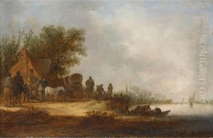 A River Landscape With 
Travellers With Their Horse-drawn Carriages And Wagons Halting At An 
Inn, Figures In A Rowing Boat In The Foreground