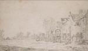 Deux Caleches Arretees Devant Une Hotellerie Dans Un Paysage by Jan van Goyen