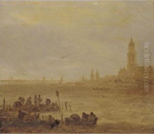 View Of The Rhine With Men In Boats, The Town Of Rhenen Beyond by Jan van Goyen