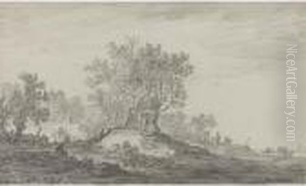 Travellers Resting On A Rise
Along A Road, With A Cottage In Woods To The Left And Covered Waggons In
The Distance - view 1