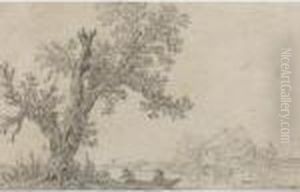 River Landscape, With Two Men 
Mooring A Rowing Boat Underneath A Tree, A Cottage On The Far Bank by Jan van Goyen