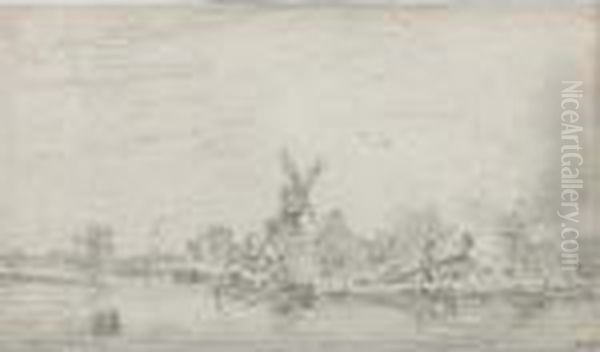 The Mill 'de Kat' And The Lime 
Kiln At The Zuider Buiten Spaarne, Near Haarlem, With Men Unloading 
Boats - view 1