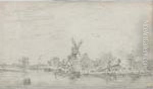 The Mill 'de Kat' And The Lime 
Kiln At The Zuider Buiten Spaarne, Near Haarlem, With Men Unloading 
Boats