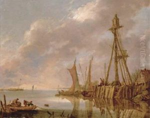 A Coastal Landscape With Fishermen Pulling In Their Catch And Boats By A Beacon by Jan van Goyen
