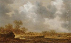 An Extensive Dune Landscape With
A Peasant Woman Bailing Hay And Two Farmers Conversing To The Right by Jan van Goyen