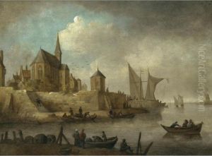 A River Landscape With A Rowing 
Boats Unloading Below The Walls Of A Town, A Church Beyond