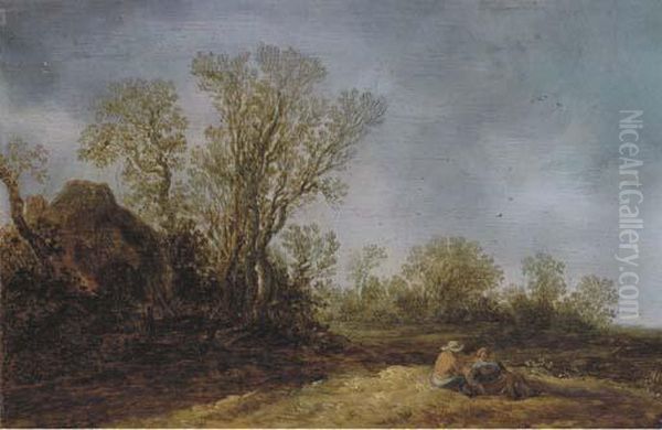 Two Peasants Resting In A Wooded Landscape, A Cottage Nearby - view 1
