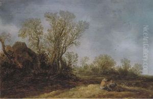 Two Peasants Resting In A Wooded Landscape, A Cottage Nearby by Jan van Goyen