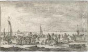 Beach Scene, With Peasants Foraging On The Shore And Others Loading A Cart