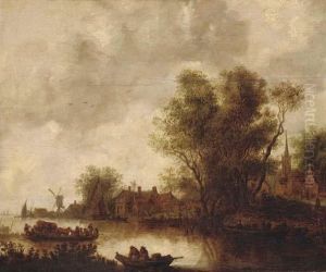 A River Landscape With A Ferry, A Church Beyond
