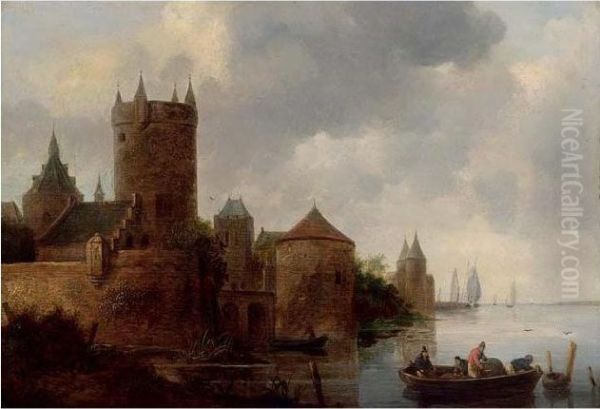A River Landscape With A Fishing Boat Near A Fortified Town With A Tower - view 1