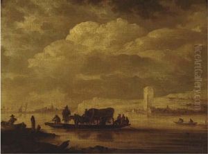 A River Landscape With A Ferry And Smaller Boats, A Town With A Large Tower Beyond