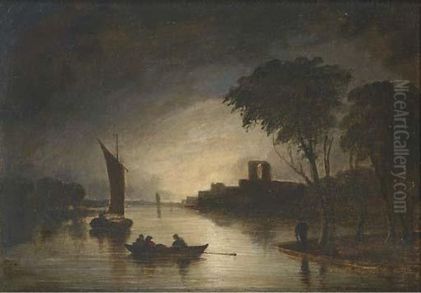 Figures In A Boat On A Moonlit River - view 1