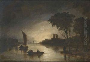 Figures In A Boat On A Moonlit River by Jan van Goyen