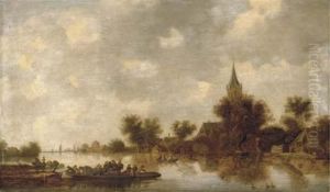 A River Landscape With A Ferry Crossing A River Landscape With A Ferry Crossing