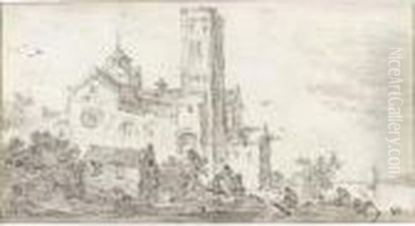A View Of The Mariakerk In
Utrecht, Imaginatively Situated On A River Bank With A Boat In The
Foreground - view 1
