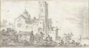 A View Of The Mariakerk In
Utrecht, Imaginatively Situated On A River Bank With A Boat In The
Foreground by Jan van Goyen