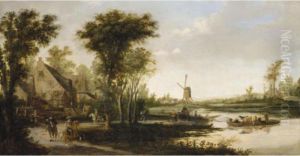A River Landscape With Cattle
And Drovers Being Ferried Across A River, A Windmill Beyond by Jan van Goyen