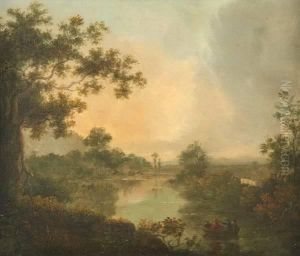 Three Figures In Boat With Serene Landscape by Jan van Goyen
