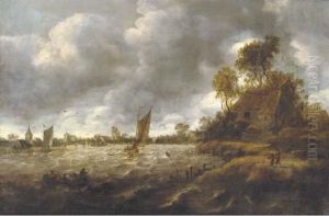 A River Landscape With Sailing Vessels In Rough Waters