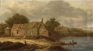 A Farm Along A River And Fishermen In A Boat, A Few Figures On The River Bank by Jan van Goyen