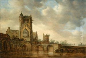 A Large House With A Tower, At
The Edge Of A River Crossed By A Two-arched Stone Bridge, Three Men In A
Rowing Boat Below by Jan van Goyen