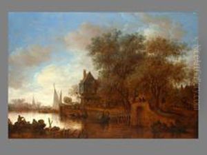 Flusslandschaft Mit Fischern Vor Wirtshaus Mitpersonenstaffage by Jan van Goyen