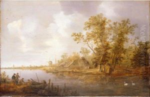 A River Landscape With A Moored 
Rowing Boat Being Unloaded, A Village And Windmill Beyond