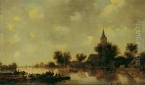 Flusslandschaft Mit Fahrboot. by Jan van Goyen