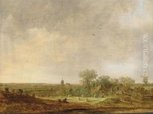 An Extensive Dune Landscape With
 Corn Stooks And A Mill And A Distant View Of The Grote Kerk In The 
Hague by Jan van Goyen