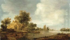 A River Landscape With A Boat And Cottages On An Embankment