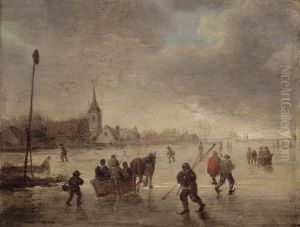 A Winter Landscape With Skaters And Kolf Players On A Frozenlake by Jan van Goyen