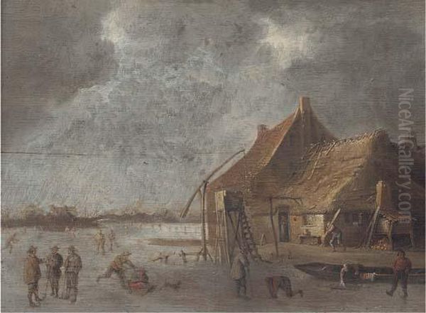 A Winter Landscape With Skaters And Kolf Players By A Village On Afrozen Lake - view 1