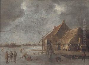 A Winter Landscape With Skaters And Kolf Players By A Village On Afrozen Lake by Jan van Goyen