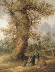 A Family Of Peasants Sitting Under An Oak Tree With Cottages In Thedistance by Jan van Goyen