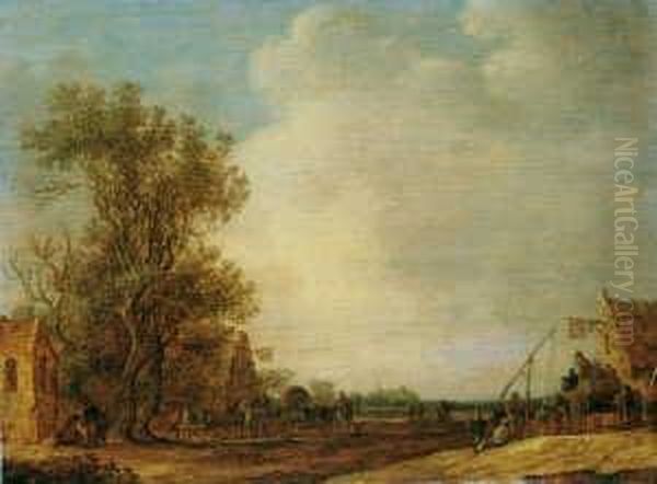 Ein Wirtshaus Mit Einem Schwan 
Im Aushangeschild. Im Vordergrund Links Drei Figuren Vor Einer Kapelle 
(der Petronella-kapelle In De Bilt Bei Utrecht). - view 1