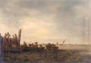 Figures In Rowing Boats Off A Jetty