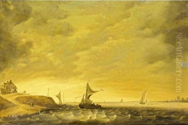 A River Landscape With Sailing
Boats In Choppy Waters And Figures Conversing On The Shore - view 1