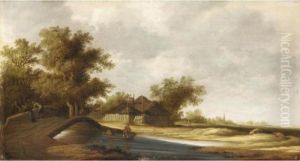 River Landscape With Figures On A Bridge, A Farmhouse Beyond by Jan van Goyen