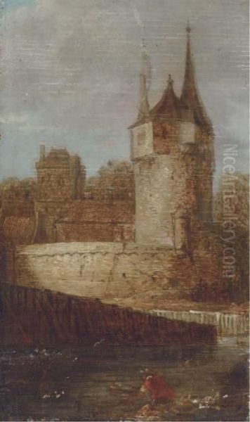 A Fisherman On A Canal With A Castle Beyond - view 1