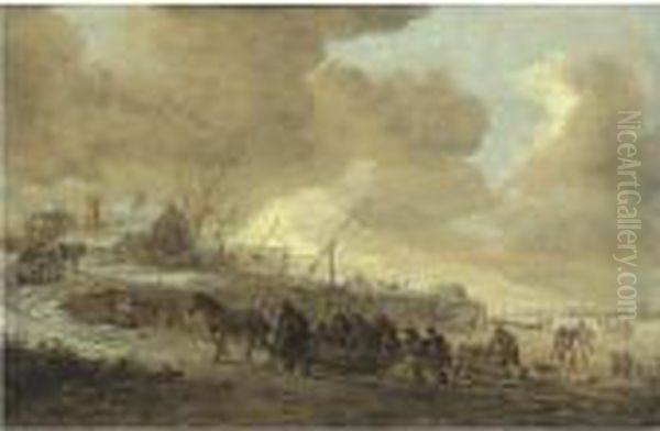 A Frozen River With Horse-drawn Sleds On A Bank, Cottages Beyond - view 1