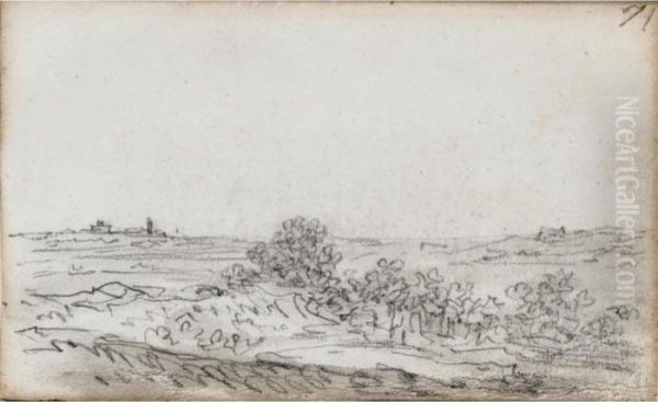 Landscape With Bushes And A Group Of Trees, With Buildings In The Distance - view 1