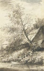 Maisons Pres D'une Riviere Avec Des Personnages Vidant Unbateau Maisons Pres D'une Riviere Avec Des Personnages Vidant Unbateau