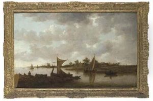 An Extensive River Landscape With Sailing Barges And Figures On Abank, Buildings Beyond