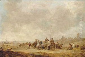 Fishermen With Their Catch And Townsfolk On The Beach At Katwijkaan Zee by Jan van Goyen