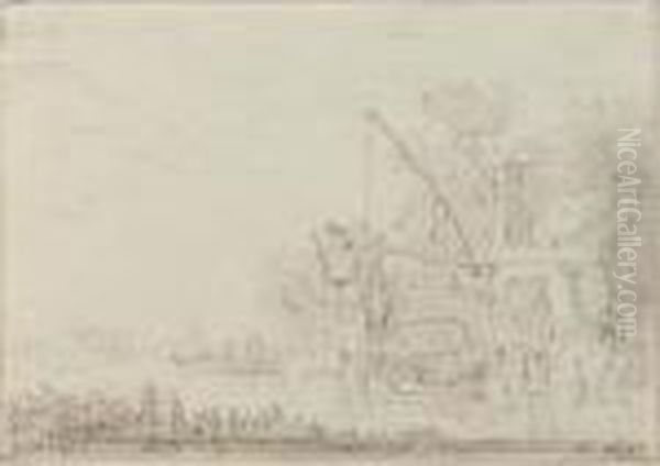 River Landscape With Farm And Boats - view 1