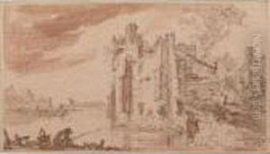 Overgrown Ruins On A River Bank,
 With Fishermen To The Left And Other Figures To The Right by Jan van Goyen