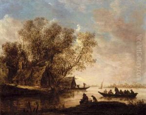 A River Landscape With Fishermen And A Cottage On The Bank by Jan van Goyen