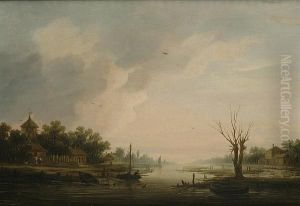 A River Landscape With Fishing Boats And A Village Beyond by Jan van Goyen
