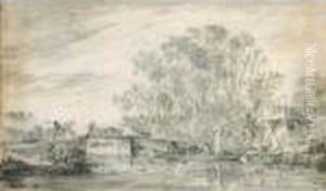 River Landscape With Fishermen 
In Their Boats To The Right, And A Herdsman With His Flocks On A Low 
Bridge